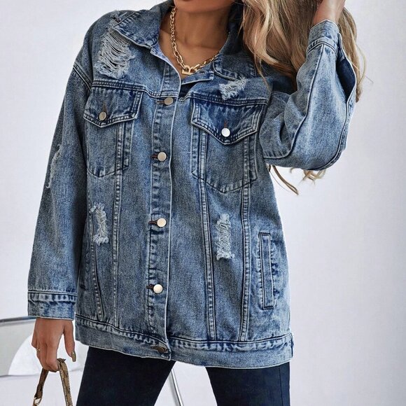 Light Wash Casual Women's Ripped Drop Shoulder Denim Coat - Picture 5 of 6